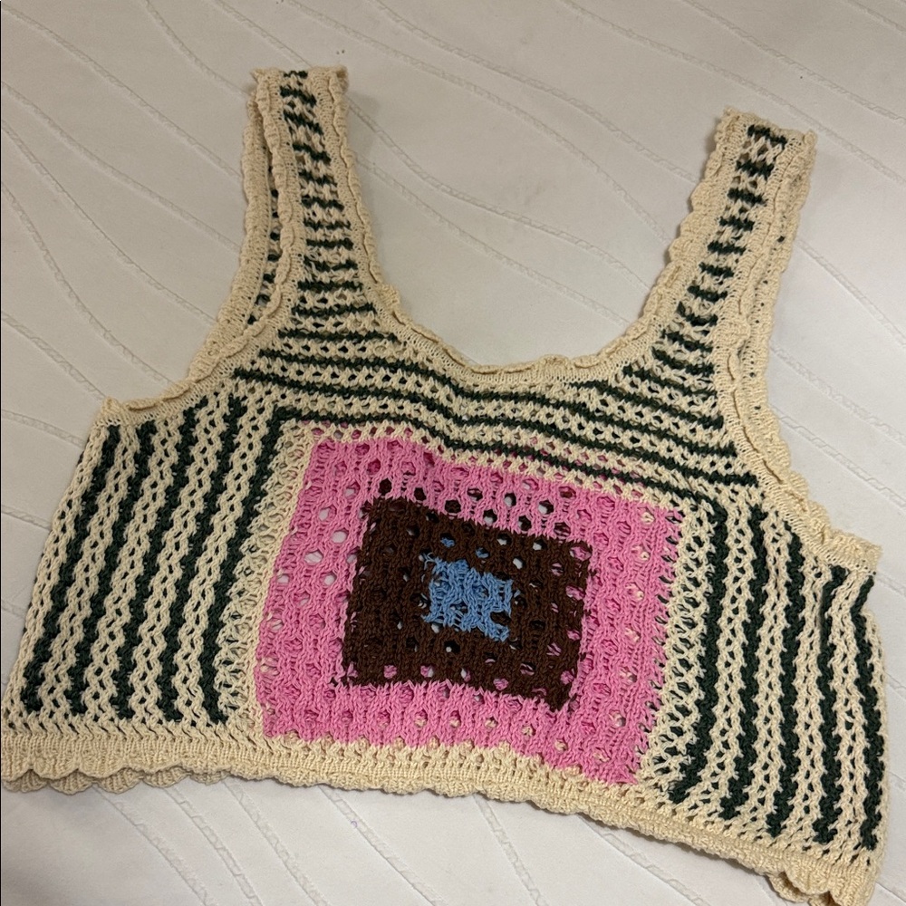 Cotton On Crochet Top with Pink and Brown Accents